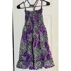 CYN by Cynthia Mehra Zebra Purple Flowers Ruched Top Boho Dress Sz Free Size OS